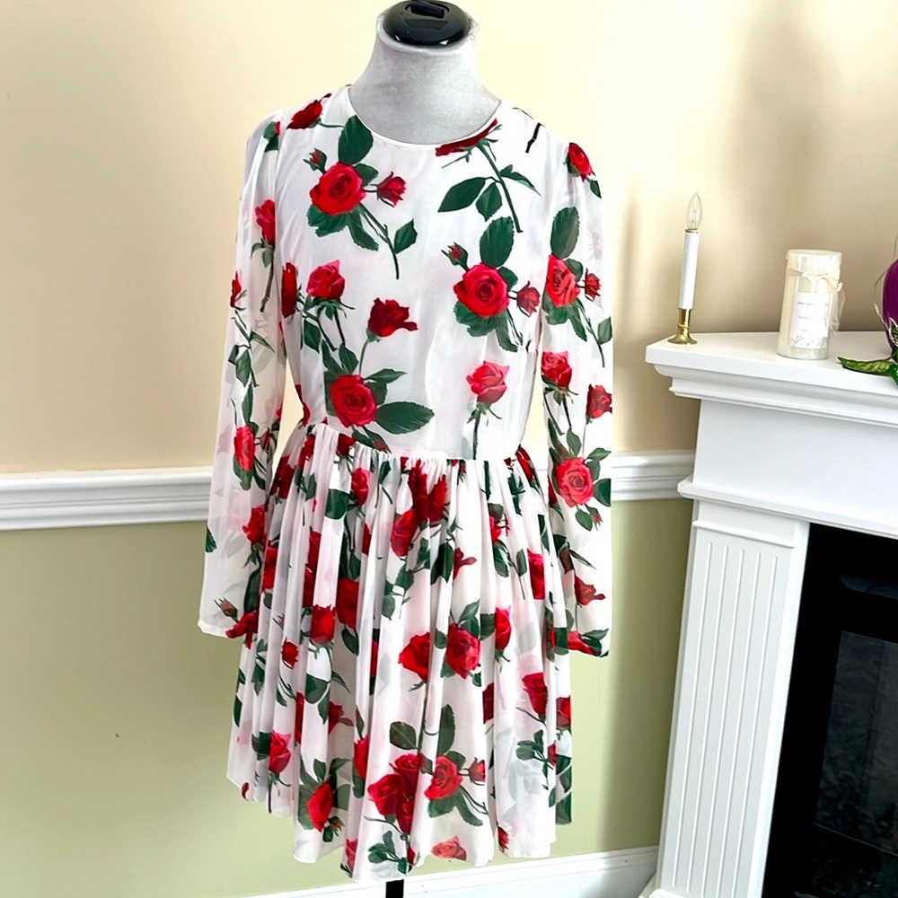 FINEJO White & Red Rose Floral Chiffon Dress Size M NWOT - Picture 7 of 14